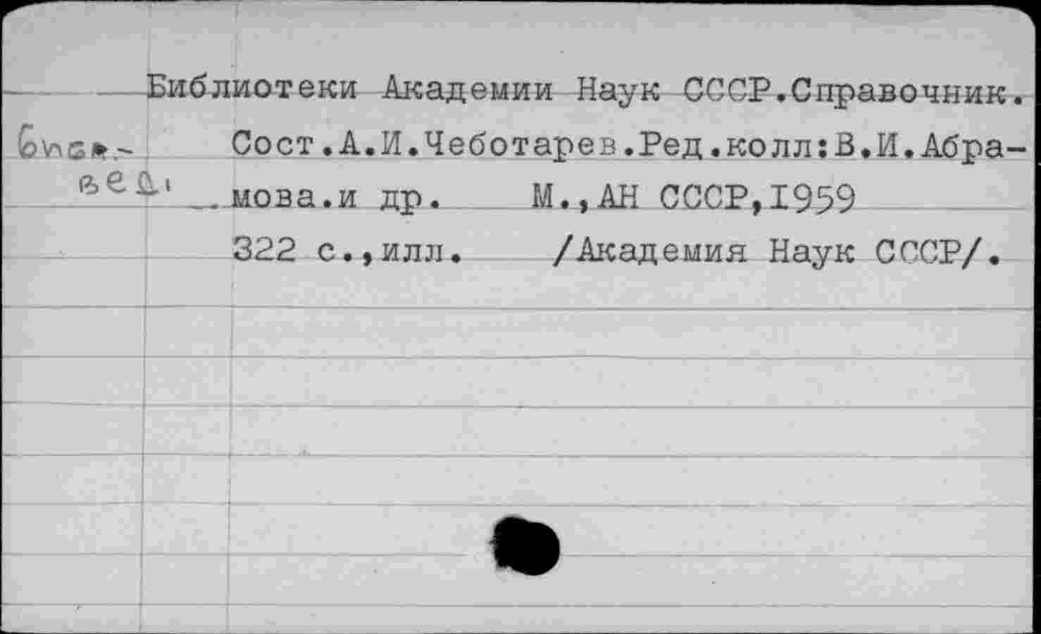 ﻿Библиотеки Академии Наук СССР.Справочник.
Сост .А. И. Чеботарев. Ред .коллгВ.И.Абра-йе-Л'__мова.и др. М.,АН СССР, 1959
322 с.,илл. /Академия Наук СССР/.